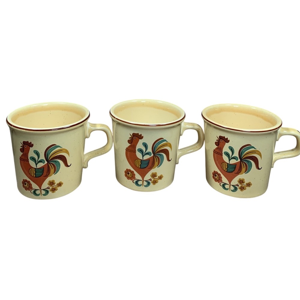 Taylor International USA Vintage Rooster Speckled Stoneware Coffee Mugs Set of 3